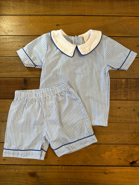 Gingham and Blue Piping Shirt and Shorts Set