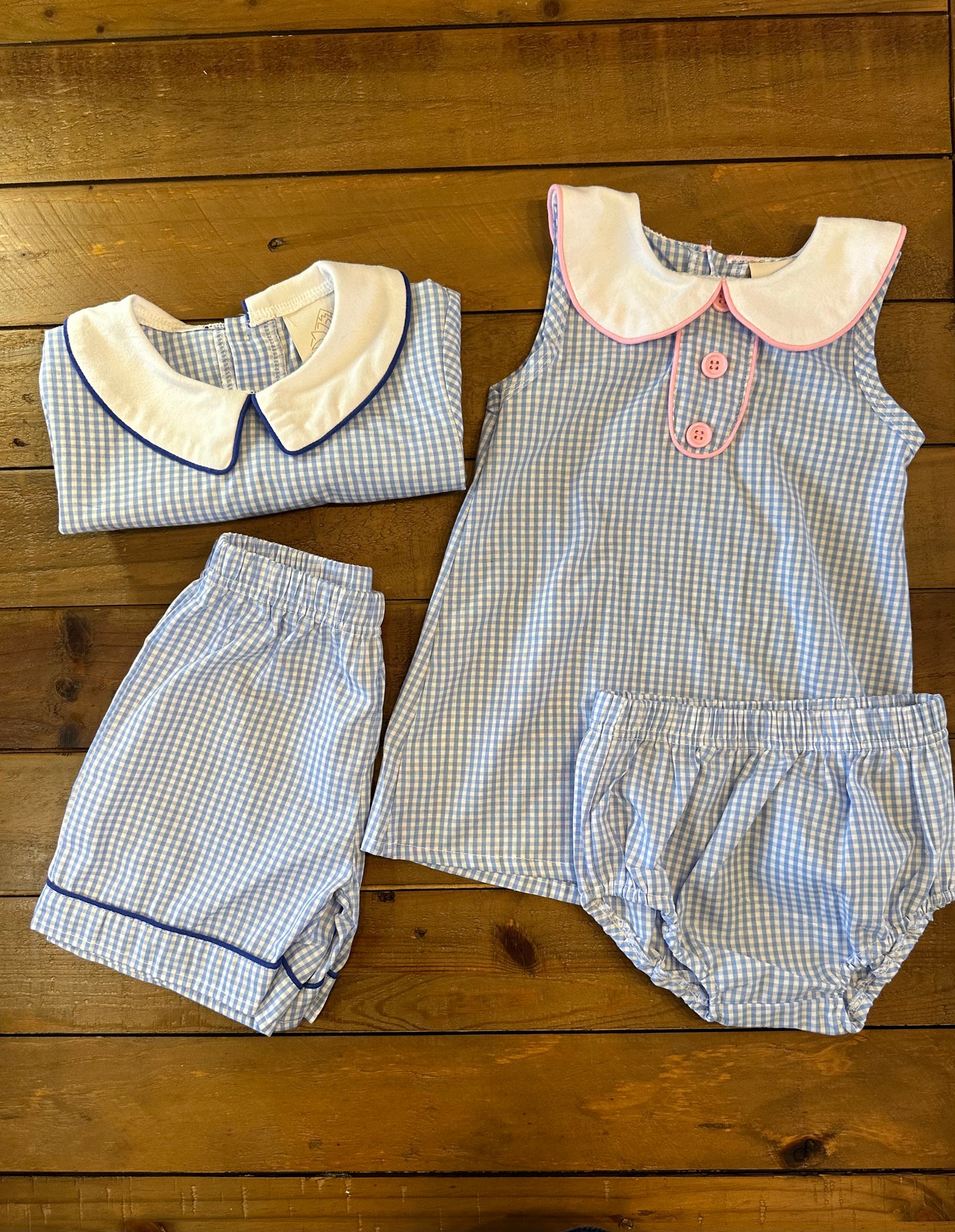 Gingham and Blue Piping Shirt and Shorts Set