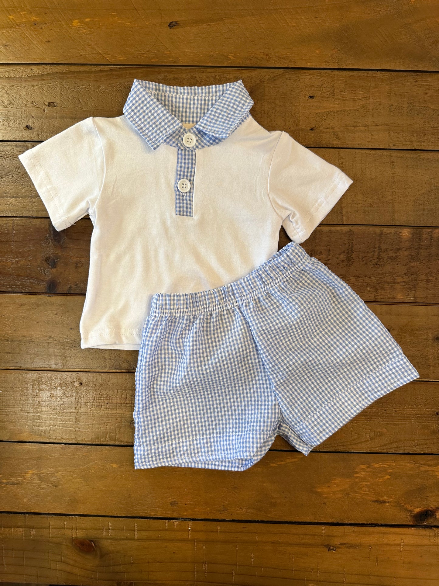 Light Blue Gingham Polo Shorts Set